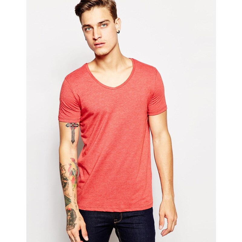 Pull&Bear - Meliertes T-Shirt mit V-Ausschnitt - Rot