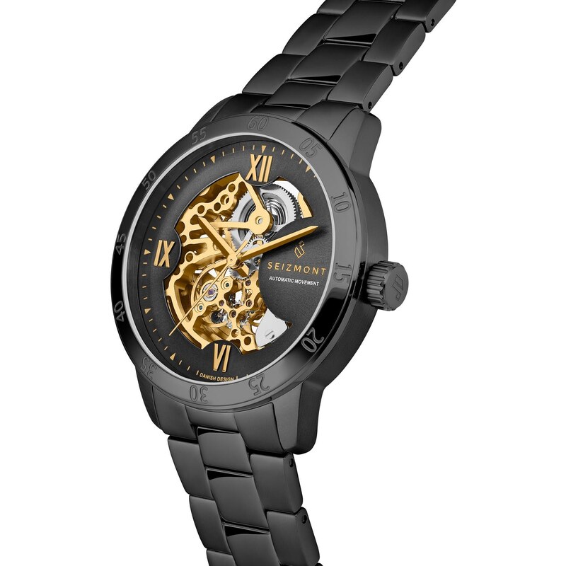Seizmont Dante II | Schwarze Skelettuhr mit goldfarbenem Uhrwerk