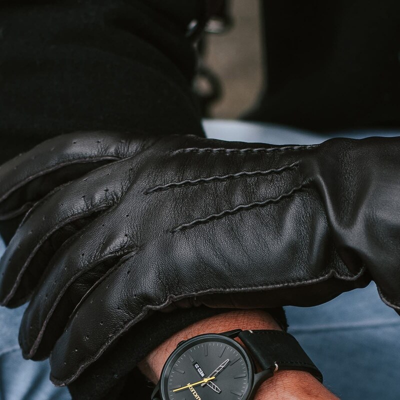 Salt & Hide Schwarze Gelochte Touchscreen-kompatible Lederhandschuhe aus Schafleder