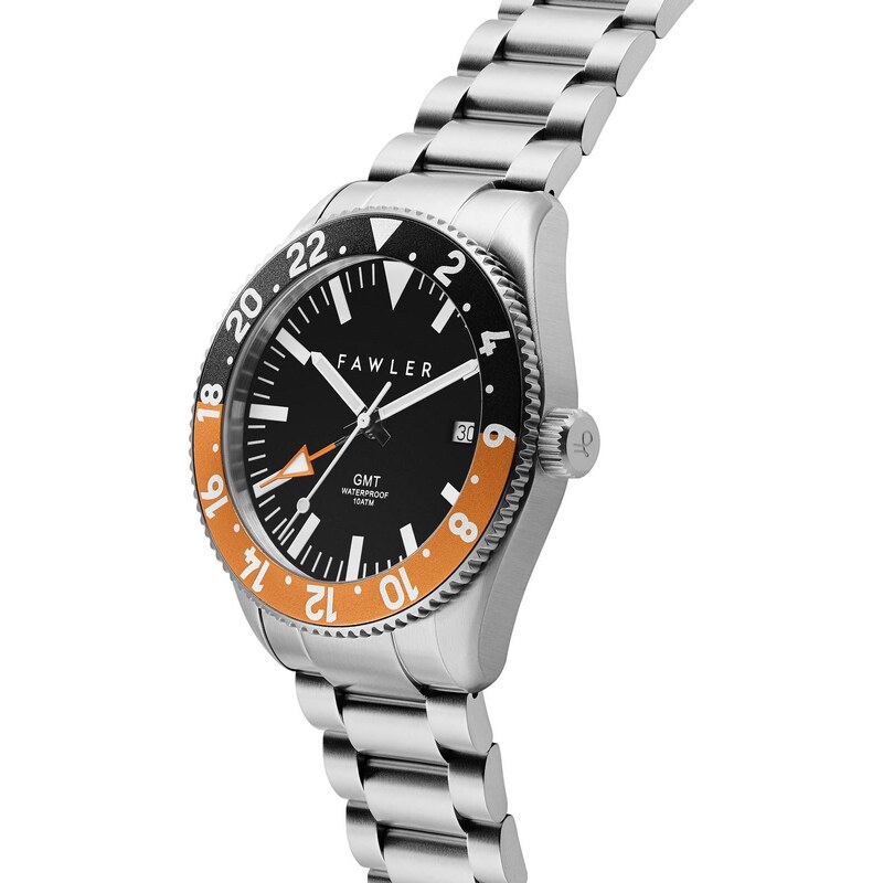 Fawler Métier | Orangene GMT-Uhr aus Edelstahl