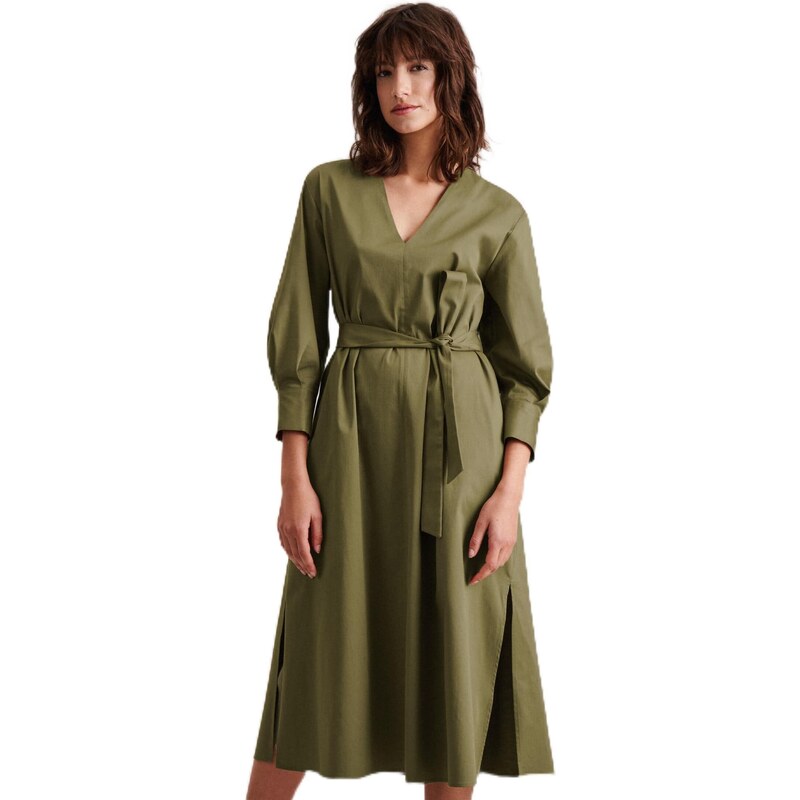 Seidensticker Damen Blusenkleid Maxi - Blusenkleid mit Bindegürtel und V-Ausschnitt - Regular Fit – Stretch - Langarm – Baumwollmischung