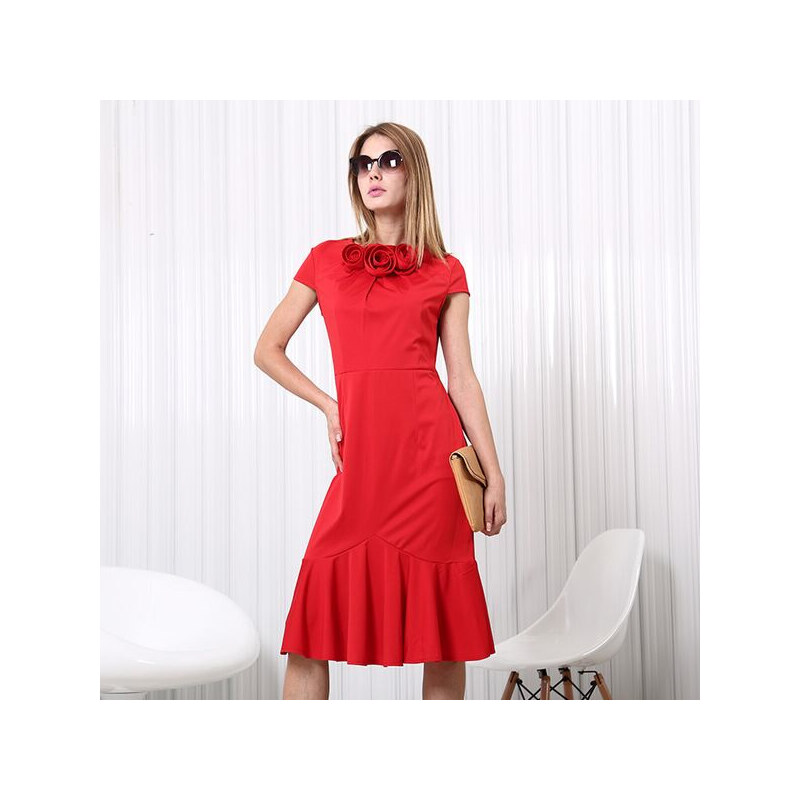 Lesara Midi-Kleid mit Rosenbordüre - Rot - S