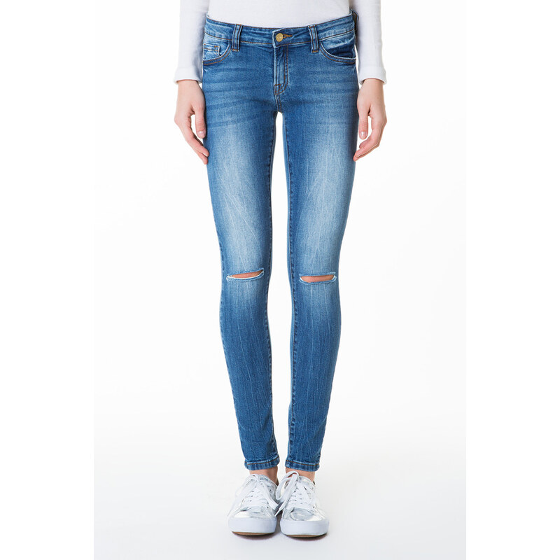 Tally Weijl Mittelblaue, hochgeschnittene Jeans mit Knie-Riss