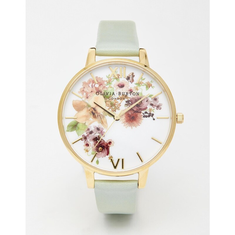 Olivia Burton - Uhr mit großem Zifferblatt mit Blumendesign in Wasserfarbenoptik - Minze und Gold