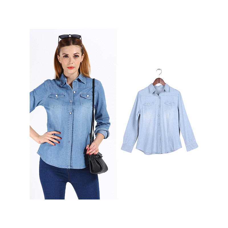 Lesara Jeans-Bluse mit Brusttaschen - Hellblau - M