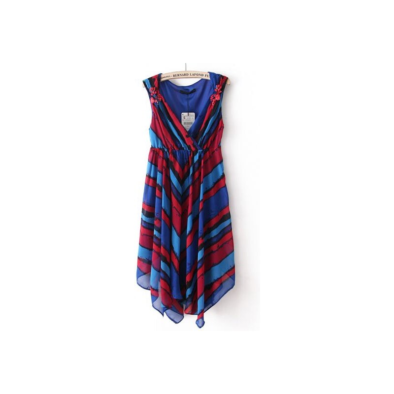 SheInside Blue Red Striped Sleeveless Pleated Chiffon Dress