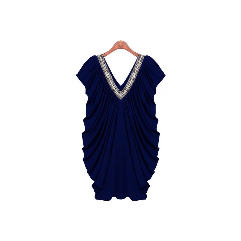 SheInside Blue V Neck Short Sleeve Pleated Sequined Dress