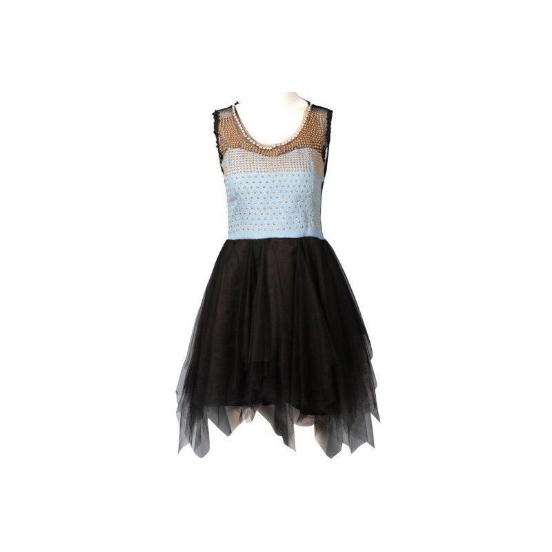 SheInside Blue Denim Contrast Black Lace Sleeveless Rivet Dress