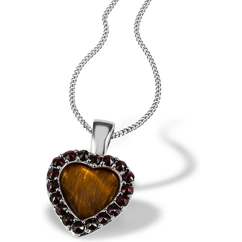 Averdin Collier 925/- Silber Herz mit 18 Granaten rot-braun und 1Tigerau