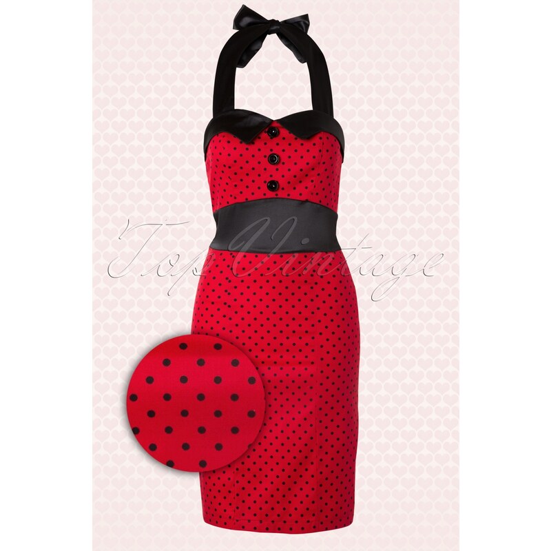 Hearts & Roses 50s Black Polkadot Pencil Halter Dress in Red