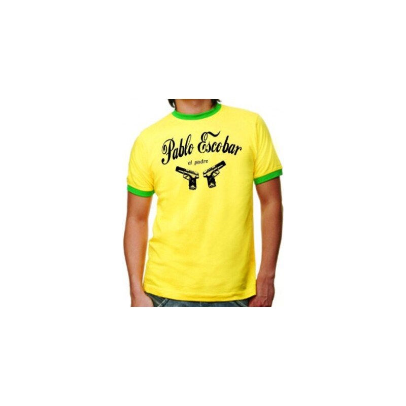 Coole-Fun-T-Shirts PABLO ESCOBAR el padre ringer t-shirt gelb/grÃ¼n S M L XL XXL Kokain