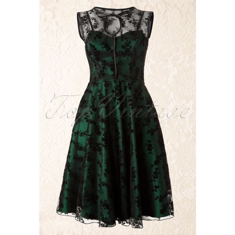 Vixen 30s Classy Black Lace Satin Green Dress