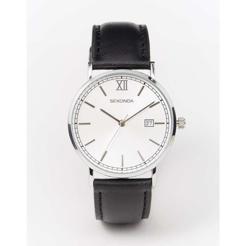 Sekonda - Exklusiv bei ASOS - Silberne Armbanduhr mit schwarzem Lederband - Schwarz