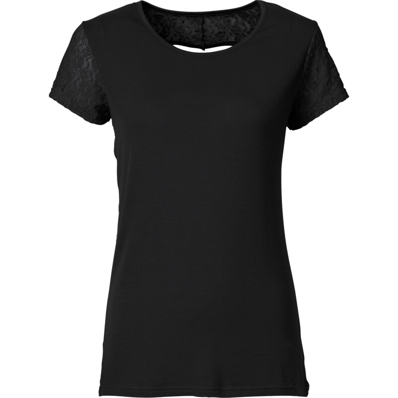 RAINBOW Shirt mit Spitze und Herzausschnitt kurzer Arm in schwarz für Damen von bonprix