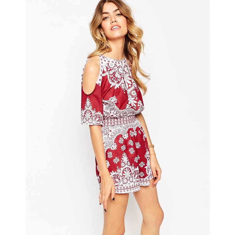 ASOS Cold Shoulder Playsuit in Placed Mosaic Print - Multi