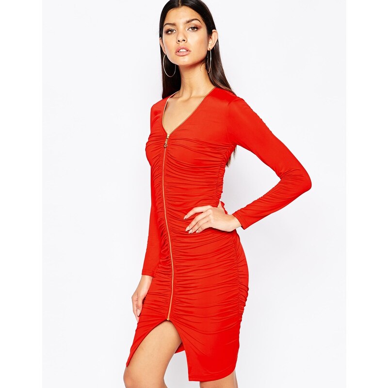 Club L - Kleid mit Reißverschluss und geraffter Vorderseite - Rot