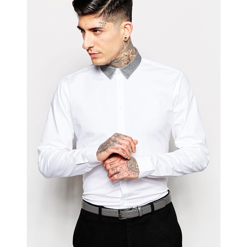 Minimum - Elegantes Hemd mit farblich abgesetztem Kragen aus Baumwolle mit Stretchanteil - Weiß