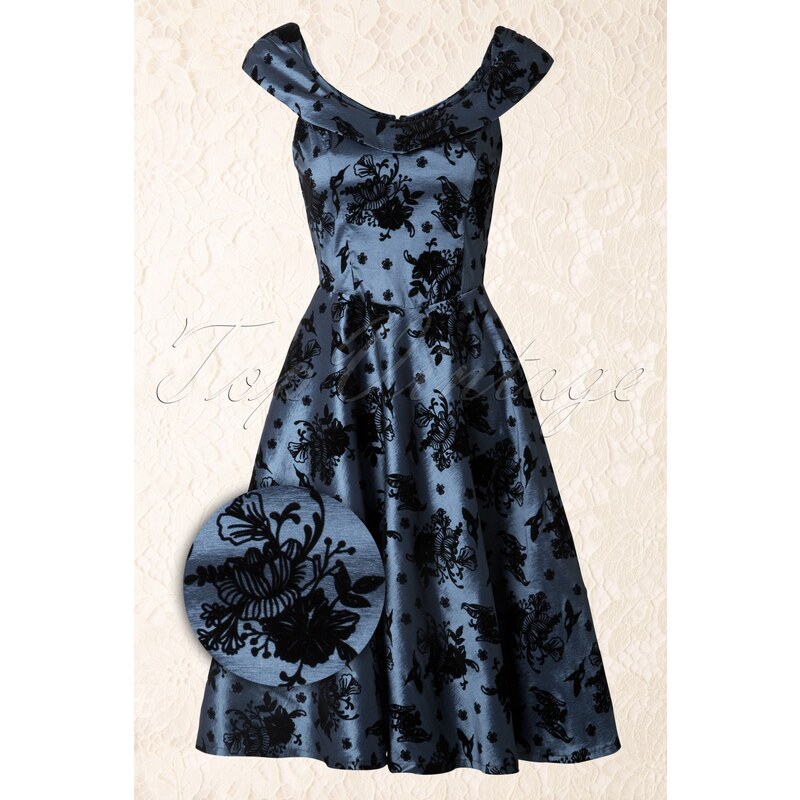 Vixen 40s Classy Floral Swing Dress in Blue