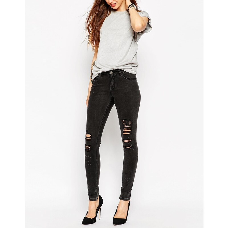 ASOS - Lisbon - Skinny-Jeans in verwaschenem Schwarz mit mittelhohem Bund und Zierrissen - Grau