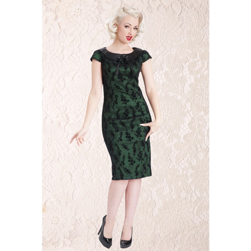 Vixen 30s Classy Black Lace Pencil Dress Satin Green