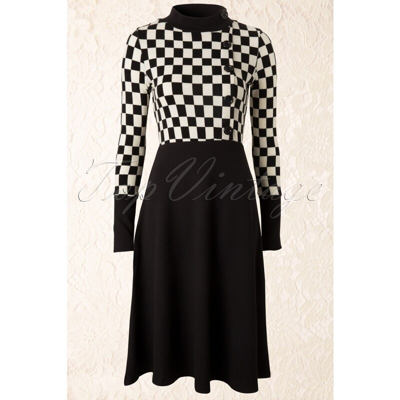 Vixen 50s Buttoned Black and White Checkered Swing Dress