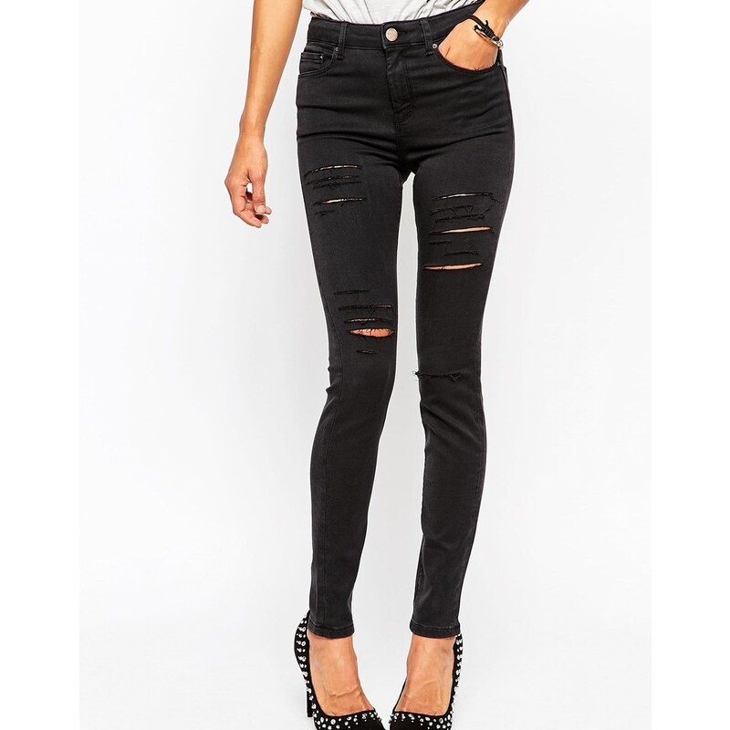 ASOS - Ridley - Skinny-Jeans mit hohem Bund und extremen Rissen in verwaschenem Schwarz - Verwaschenes Schwarz