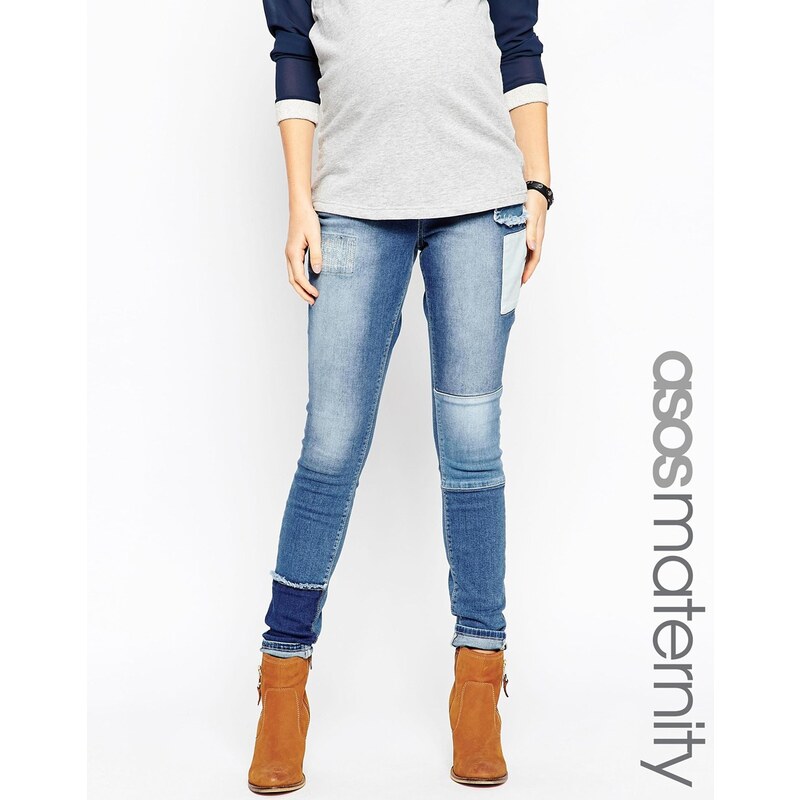 ASOS Maternity - Ridley - Skinny-Jeans mit Patchwork-Detail - Blau