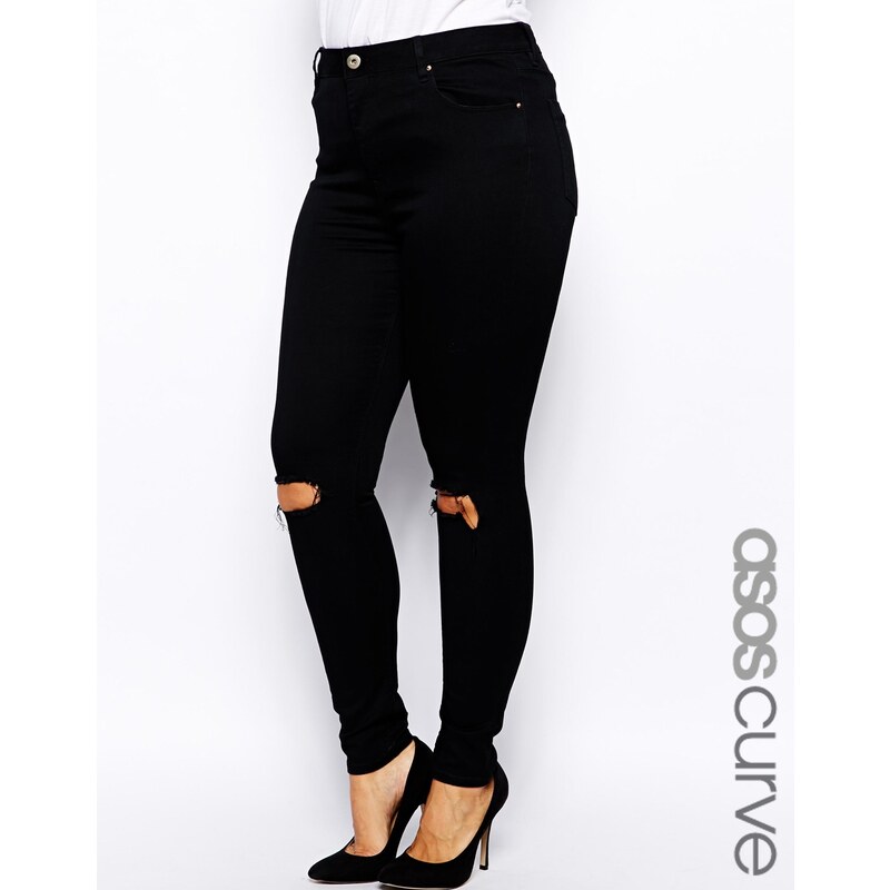 ASOS CURVE – Ridley – Figurbetonte Jeans mit zerschlissenem Knie in Schwarz