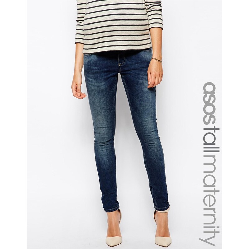 ASOS Maternity TALL - Ridley - Skinny-Jeans in mittlerer Waschung mit Bund über dem Bauch - Blau