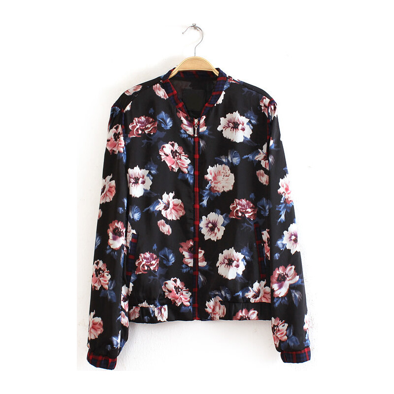 SheInside Black Stand Collar Long Sleeve Floral Jacket