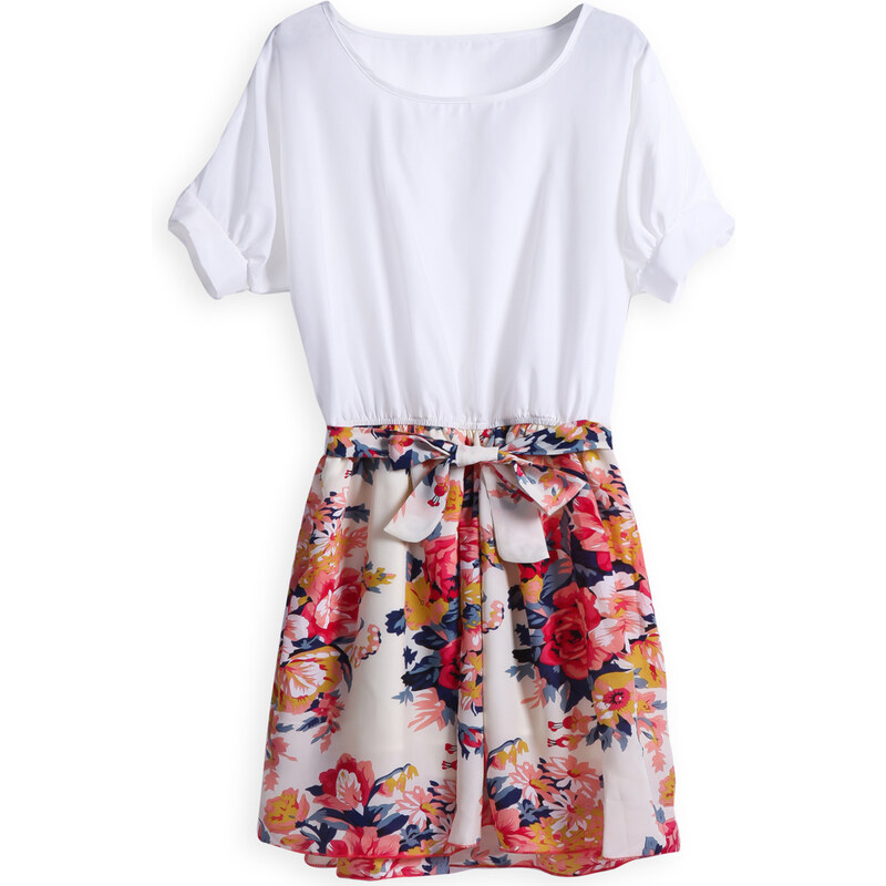 SheInside White Short Sleeve Contrast Floral Belt Dress