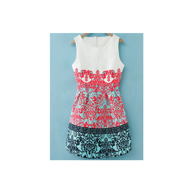 SheInside White Sleeveless Red Green Floral Embroidered Dress