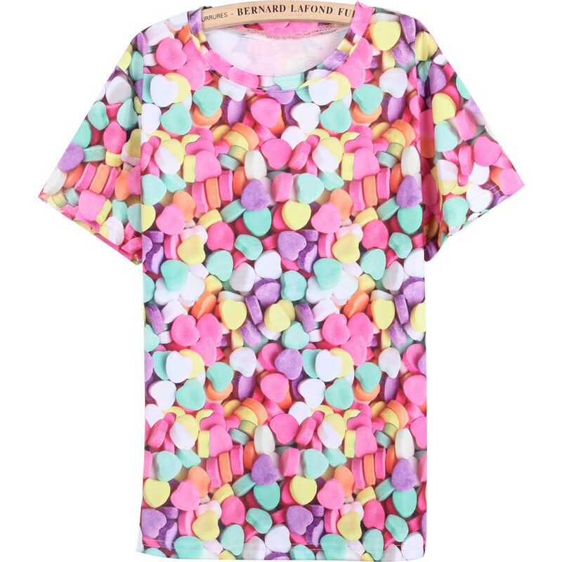 SheInside Multi Short Sleeve Hearts Candy Print T-Shirt