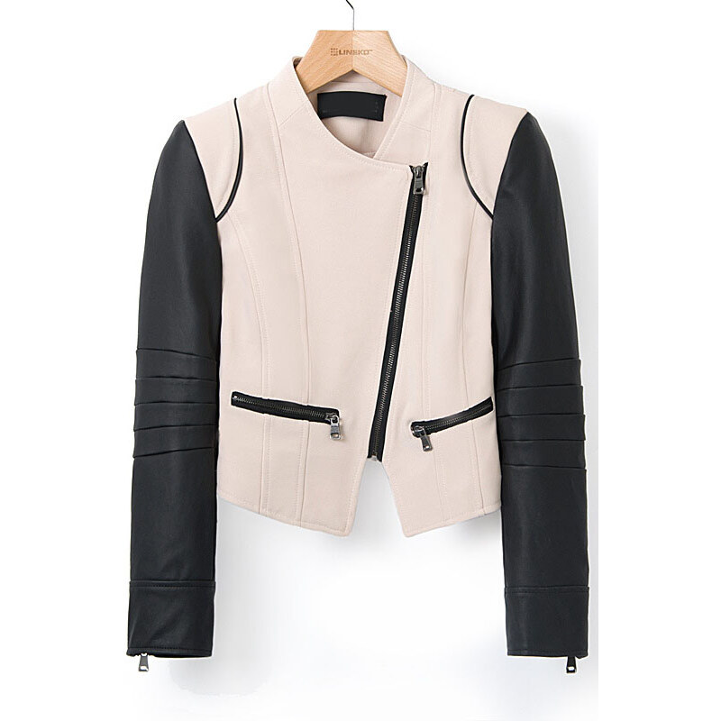 SheInside Khaki Contrast Leather Long Sleeve Crop Jacket