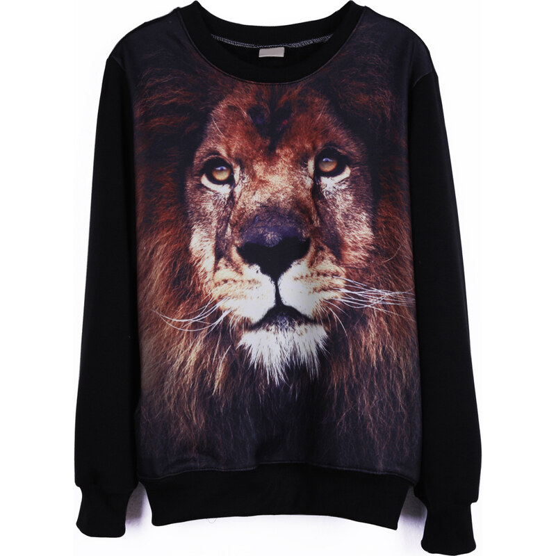 SheInside Black Round Neck Long Sleeve Lion Print Sweatshirt