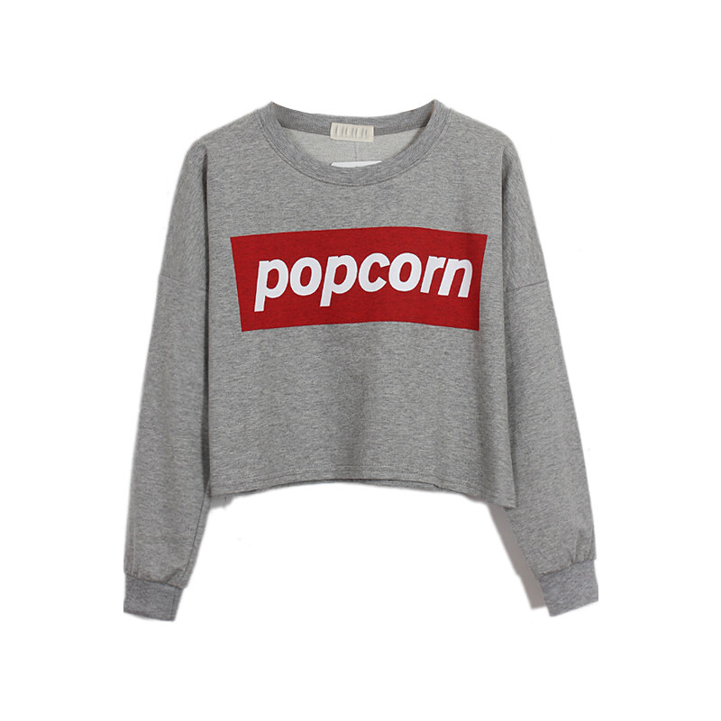 SheInside Grey POPCORN Print Round Neck Crop Sweatshirt