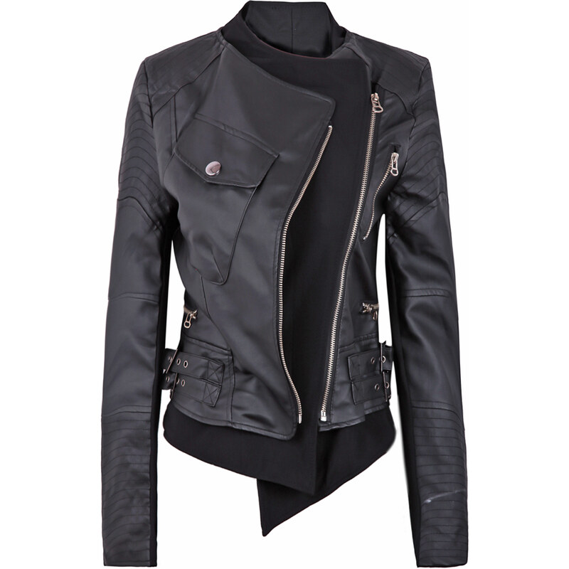 SheInside Black Zipper Embellished Faux Leather Biker Jacket