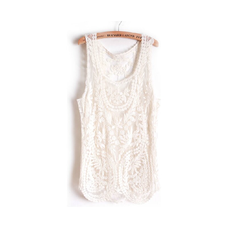 SheInside Beige Sleeveless Leaf Sheer Crochet Lace Vest