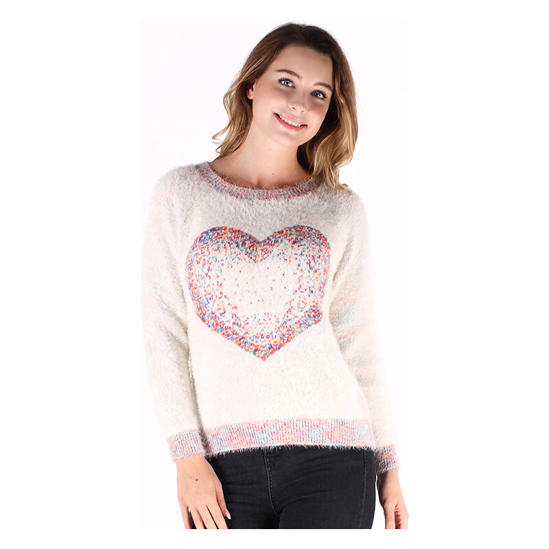 Lesara Chenille-Pullover mit Herz-Motiv - XL - Weiß