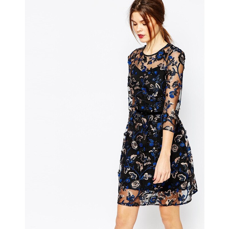 Warehouse - Premium-Kleid mit Blumenstickereien - Blau