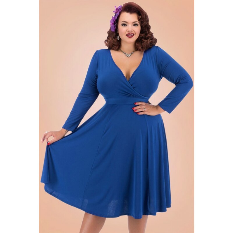 Lady Voluptuous by Lady Vintage 50s Lyra Long Sleeves Dress in Royal Blue