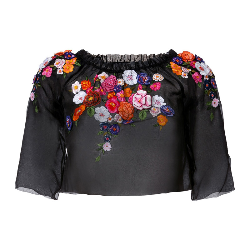 Alberta Ferretti Flower Embroidered Silk Top with 3/4 Sleeves