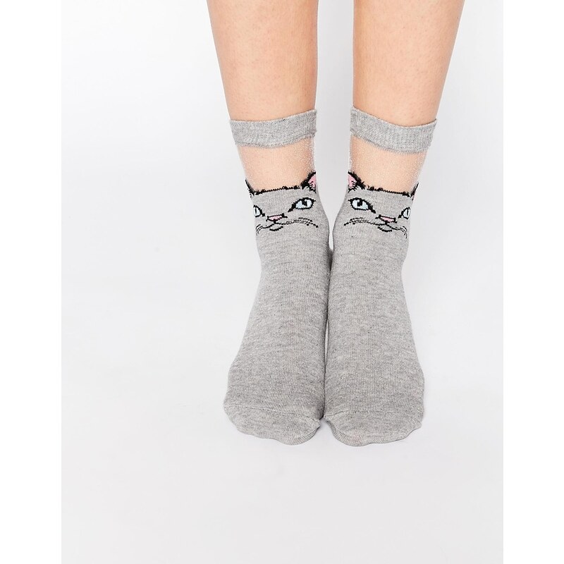ASOS - Socken mit Katzendesign und transparentem Einsatz - Grau