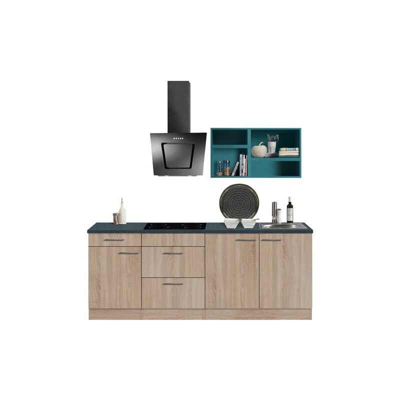 OPTIFIT Singleküche Mini mit E-Geräten Breite 210 cm blau