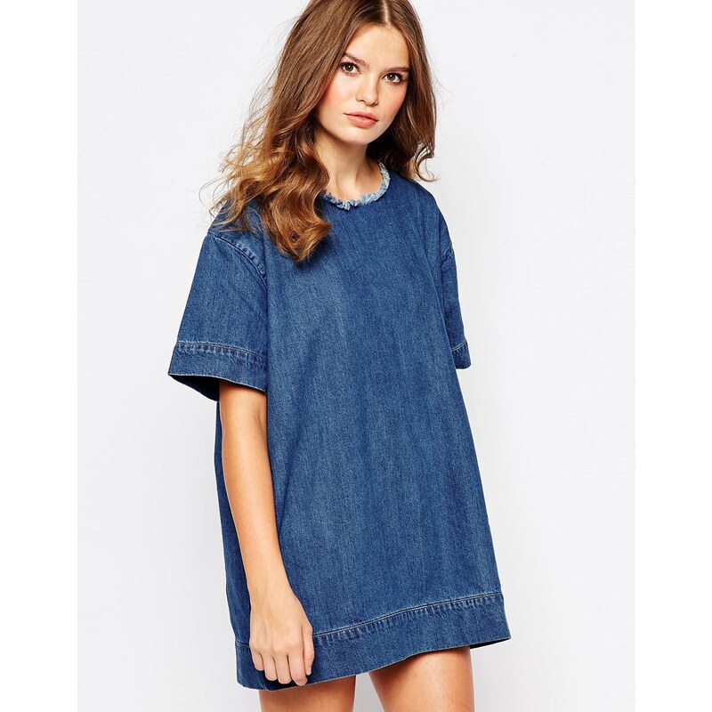 Waven - Marta - Denim-T-Shirt-Kleid mit offenem Saum - Blau
