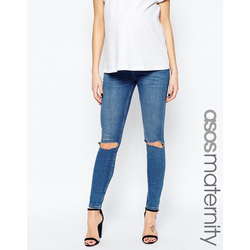ASOS Maternity - Ridley - Enge Jeans mit Rissen in mittlerer Blessing-Stone-Waschung - Blau