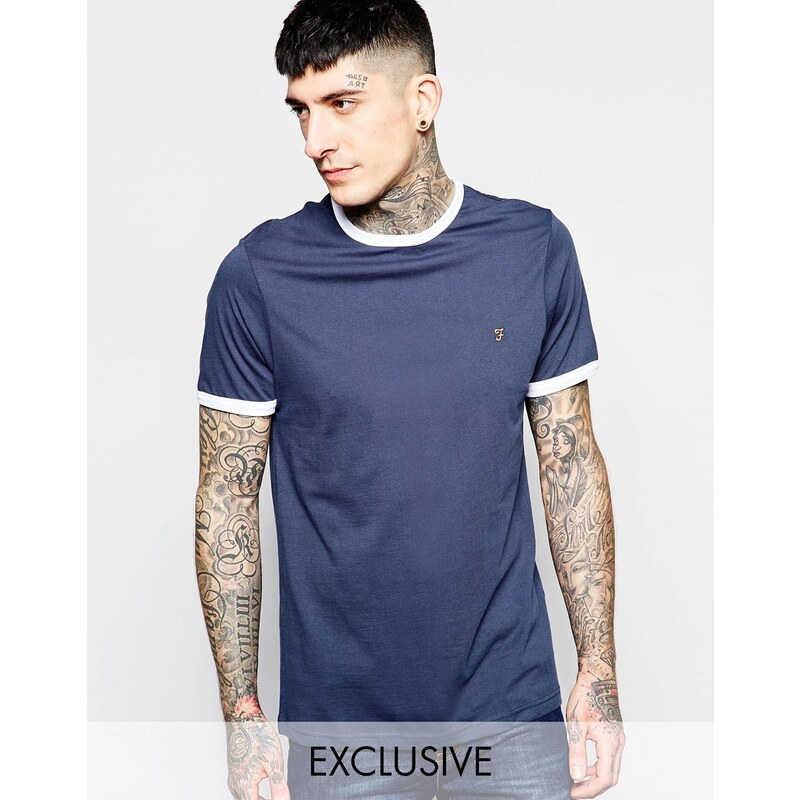 Farah - Exklusives, schmal geschnittenes T-Shirt mit Kontrastrand - Marineblau