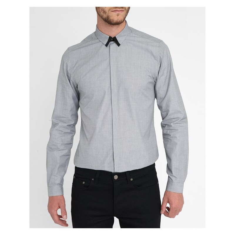 THE KOOPLES Slim-Hemd aus grauer Popeline mit marineblauem Kontrastkragen