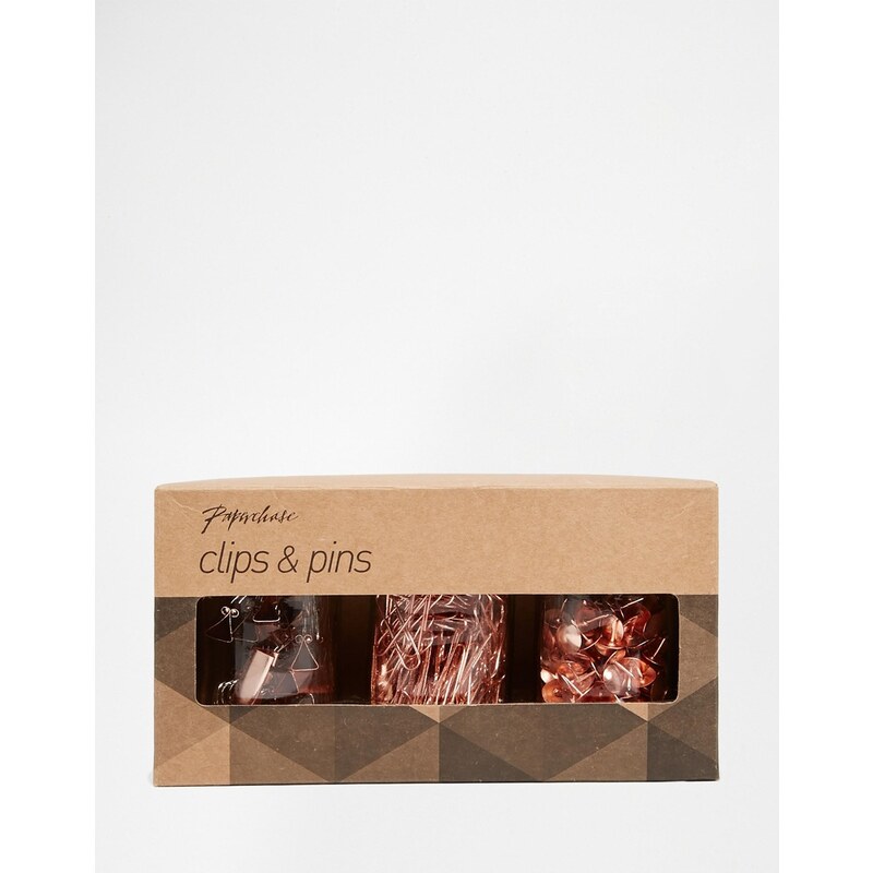 Paperchase - Get Organised - Set mit 3 Dosen mit Büroklammern, Cliips & Heftzwecken in Kupfer - Mehrfarbig
