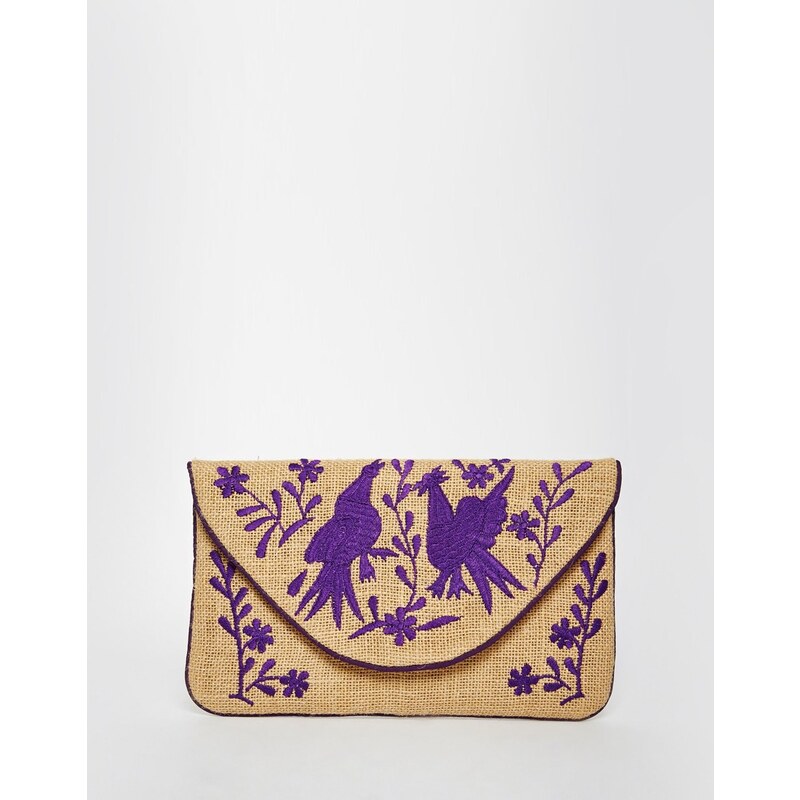 Moyna - Jute-Clutch mit violetter Stickerei - Mehrfarbig
